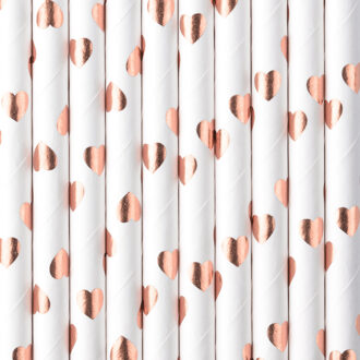 Partydeco Drinkrietjes - papier - 20x - wit/rose goud hartjes - 19,5 cm - rietjes
