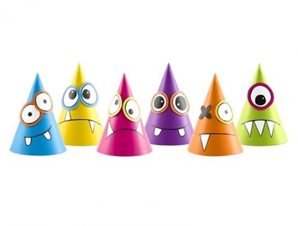 Partydeco Feesthoedjes DIY - 12x stuks - monsters thema - party verjaardag hoedjes - punthoedjes