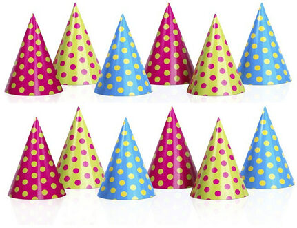 Partydeco Feesthoedjes van karton met stippen - 18x stuks - 16 cm - verjaardag punthoedjes