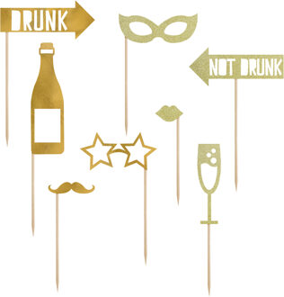 Partydeco Foto/photo props voor nieuw jaar of bruiloft - champagne/drank - goud - Selfies maken - 8x stuks Goudkleurig
