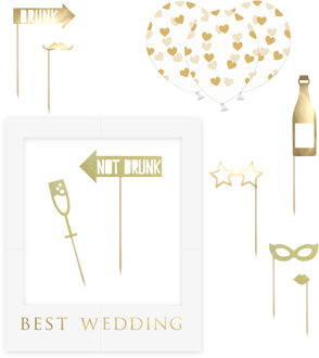 Partydeco Foto prop set Best Wedding - Bruiloft - goud/wit - 13-delig - met frame - photobooth/selfie