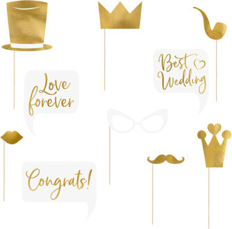 Partydeco foto prop set Gold - Bruiloft - goud/wit - set 10x stuks - 7-22 cm - Fotoprops