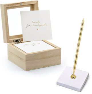 Partydeco Gastenboek/huwelijksadvies box met luxe pen in houder - Bruiloft - wit/goud - 10 x 6 cm - Gastenboeken