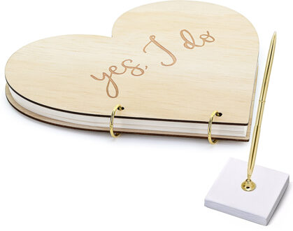 Partydeco Gastenboek/receptieboek met luxe pen in houder - Bruiloft - goud/hout - 27 x 25 cm