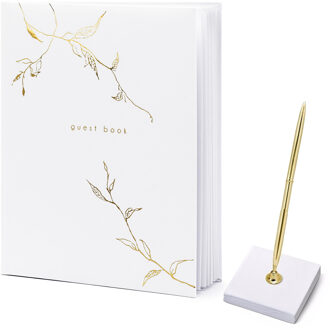 Partydeco Gastenboek/receptieboek met luxe pen in houder - Bruiloft - wit/goud - 20 x 24,5 cm - Gastenboeken