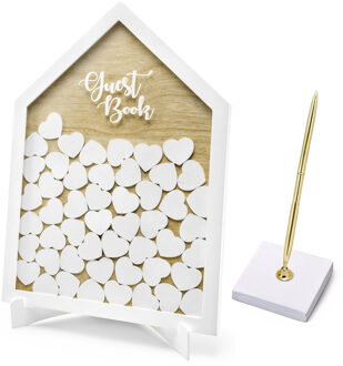 Partydeco Gastenboek/receptieboek met luxe pen in houder - Bruiloft - wit/goud - hout - 43 x 31 cm