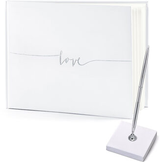 Partydeco Gastenboek/receptieboek met luxe pen in houder - Bruiloft - wit/zilver - 24 x 18,5 cm - Gastenboeken