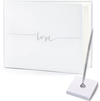 Partydeco Gastenboek/receptieboek met luxe pen in houder - Bruiloft - wit/zilver - 24 x 18,5 cm