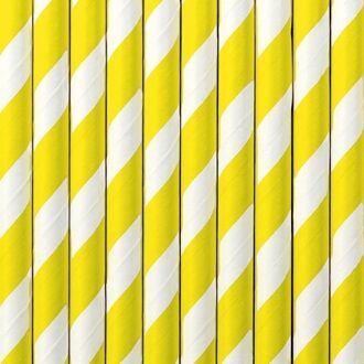 Partydeco Gestreepte rietjes van papier geel/wit 10x stuks Fluor geel