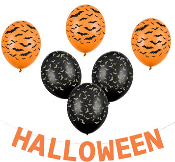 Partydeco Halloween feestslinger/spandoek - 2,5 meter - oranje - van papier - incl. ballonnen