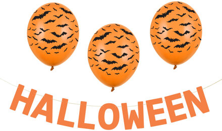 Partydeco Halloween feestslinger/spandoek - 2,5 meter - oranje - van papier - incl. ballonnen