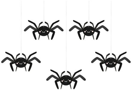 Partydeco Halloween thema hangende spinnen - 5x - zwart - papier - 27 cm