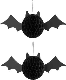 Partydeco Halloween thema hangende vleermuis - 2x - zwart - papier - 45 cm