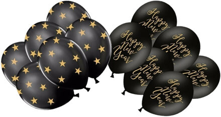Partydeco Happy New Year thema ballonnen zwart 2 soorten prints - set 36x stuks