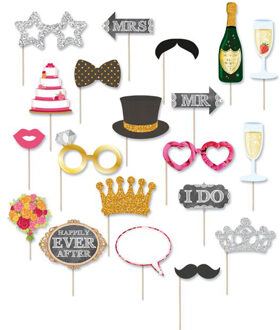 Partydeco Henbrandt bruiloft foto prop set - 20x stuks - glitter - trouwen/trouwerij - photo booth accessoires - Fotoprops