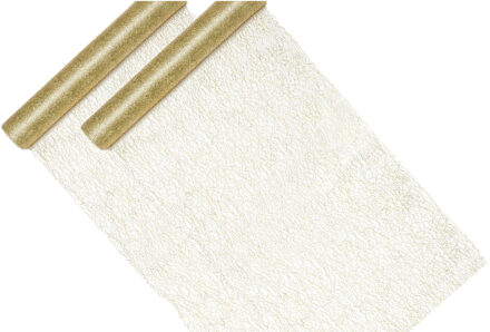 Partydeco Kerst thema tafelloper op rol - 2x - goud - mesh stof - 36 x 900 cm
