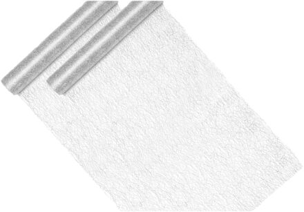 Partydeco Kerst thema tafelloper op rol - 2x - zilver - mesh stof - 36 x 900 cm