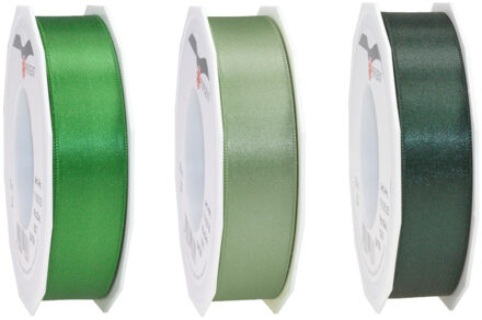 Partydeco Luxe satijn cadeau/hobby sierlinten 2,5cm x 25m- 3x groen tinten mix