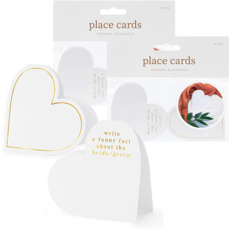 Partydeco Naamkaartjes/plaatskaartjes Hart - Bruiloft - wit/goud - 50x stuks - 16 x 22 cm