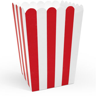 Partydeco Popcorn/snoep bakjes - 6x - rood gestreept - karton - 7 x 7 x 12 cm - feest uitdeel bakjes