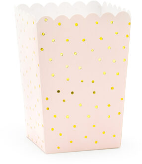 Partydeco Popcorn/snoep bakjes - 6x - roze/goud stippen - karton - 7 x 7 x 12 cm - Wegwerpbakjes