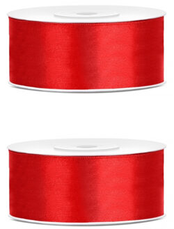 Partydeco Sierlint satijn - 2x - Rood - 2.5 cm/25 mm x 25 meter - Cadeaulint satijnlint/sierlinten - Hobby