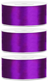 PartyDeco Sierlint satijn - 3x - Paars - 2.5 cm/25 mm x 25 meter - Cadeaulint satijnlint