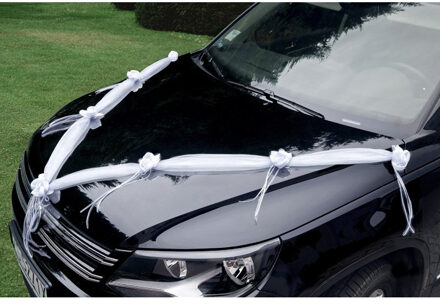 Partydeco trouwauto organza lint Rozen - Bruiloft - wit - 2x stuks - just married - Feestdecoratievoorwerp