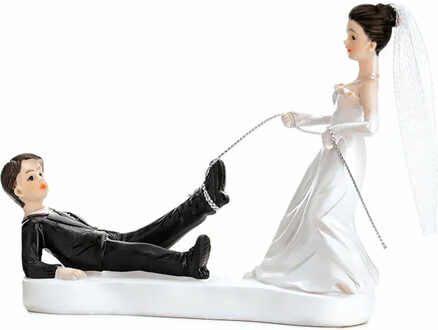 Partydeco Trouwfiguurtje/caketopper bruidspaar - bruid en bruidegom met touw - Bruidstaart figuren - 13 cm