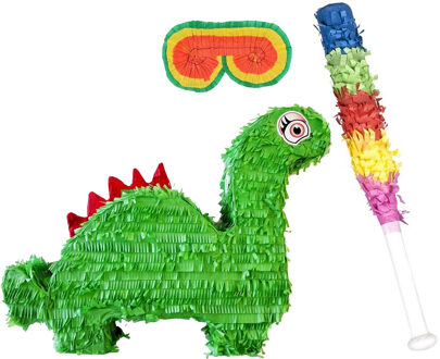 Partydeco Verjaardag Pinata dinosaurus - 54 cm - groen - set met stok en masker