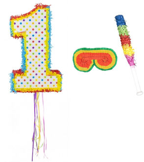 Partydeco Verjaardag Pinata nummer 1 van 104 x 40 cm - set met stok en masker