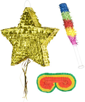 Partydeco Verjaardag Pinata Ster goud van 44 x 42 cm - set met stok en masker
