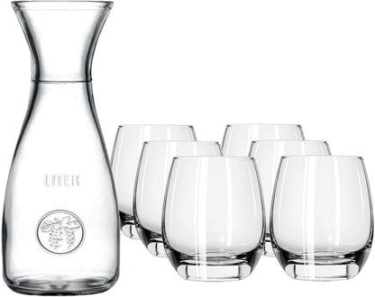 Pasabahce Karaf/schenkkan met deksel - 1 liter - incl. 6x stuks drinkglazen/waterglazen - 330 ml - glas