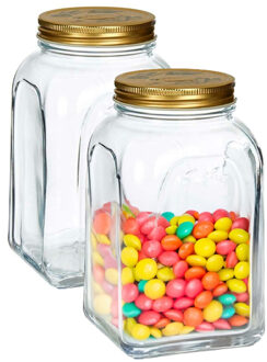 Pasabahce Voorraadpot/bewaarpot Square - 2x - glas - 1,5L - transparant/goud - 10 x 19 cm - luchtdicht