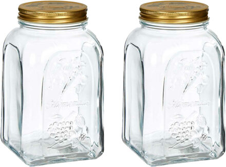 Pasabahce Voorraadpot/bewaarpot Square - 2x - glas - 1,5L - transparant/goud - D10 x H19 cm - voedsel bewaren