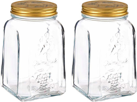 Pasabahce Voorraadpot/bewaarpot Square - 2x - glas - 1,5L - transparant/goud - D10 x H19 cm - voedsel bewaren