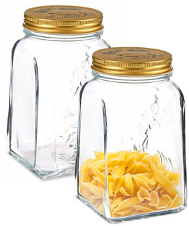 Pasabahce Voorraadpot/bewaarpot Square - 2x - glas - 1L - transparant/goud - 10 x 17 cm - luchtdicht