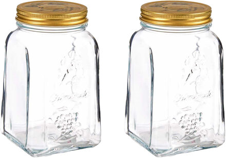 Pasabahce Voorraadpot/bewaarpot Square - 2x - glas - 1L - transparant/goud - D10 x H17 cm - voedsel bewaren