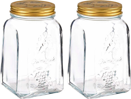 Pasabahce Voorraadpot/bewaarpot Square - 2x - glas - 1L - transparant/goud - D10 x H17 cm - voedsel bewaren