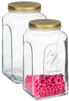 Pasabahce Voorraadpot/bewaarpot Square - 2x - glas - 3L - transparant/goud - 13 x 25 cm - luchtdicht