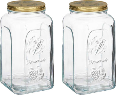 Pasabahce Voorraadpot/bewaarpot Square - 2x - glas - 3L - transparant/goud - D13 x H25 cm - voedsel bewaren
