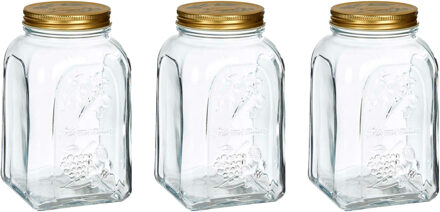 Pasabahce Voorraadpot/bewaarpot Square - 3x - glas - 1,5L - transparant/goud - D10 x H19 cm - voedsel bewaren