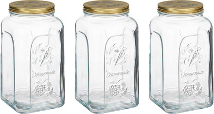 Pasabahce Voorraadpot/bewaarpot Square - 3x - glas - 3L - transparant/goud - D13 x H25 cm - voedsel bewaren