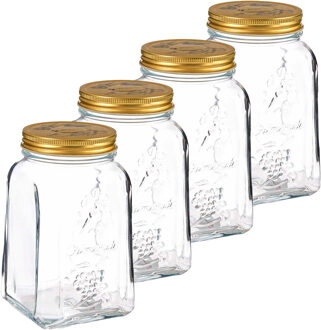 Pasabahce Voorraadpot/bewaarpot Square - 4x - glas - 1,5L - transparant/goud - D10 x H19 cm - voedsel bewaren - Voorraad