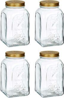 Pasabahce Voorraadpot/bewaarpot Square - 4x - glas - 1,5L - transparant/goud - D10 x H19 cm - voedsel bewaren