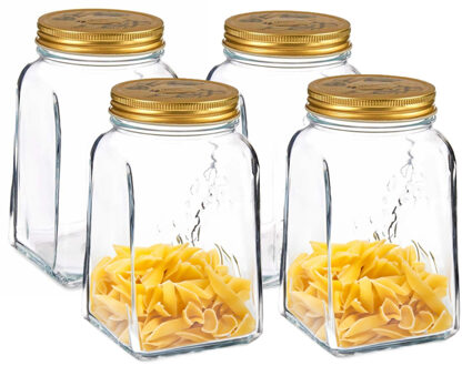 Pasabahce Voorraadpot/bewaarpot Square - 4x - glas - 1L - transparant/goud - 10 x 17 cm - luchtdicht
