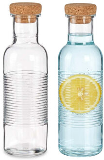 Pasabahce Waterfles met kurken dop - 2x -1070 ml - ribbel glas - D8 x H29 cm - drink flessen