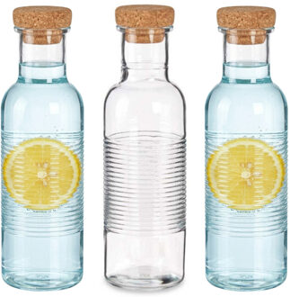 Pasabahce Waterfles met kurken dop - 3x -1070 ml - ribbel glas - D8 x H29 cm - drink flessen
