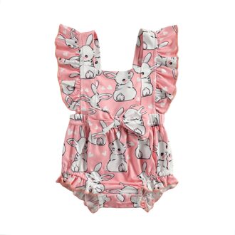 Pasen Baby Meisje Bunny Gedrukt Een Stuk Romper Verstoorde Mouwloze Elastische Taille Driehoek Kruis Bodysuit Met Strik Decoratie 18m
