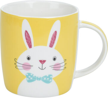 Pasen thema mok met paashaas - geel - porselein - 370 ml